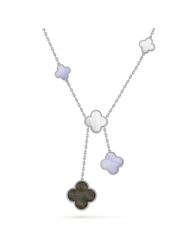 Magic Alhambra necklace 6 motifs in 18K white gold with Chalcedon and Mother-of-pearl, SGD 18,800 (approximately P814,763.80), VAN CLEEF & ARPELS, vancleefarpels.com